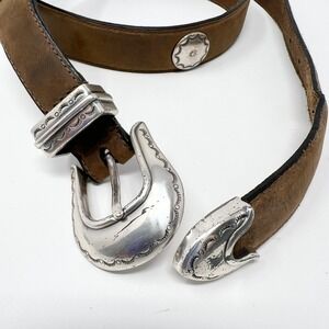 Brown Full Grain Cowhide Leather Western Belt Silver Concho Buckle Set Size 44